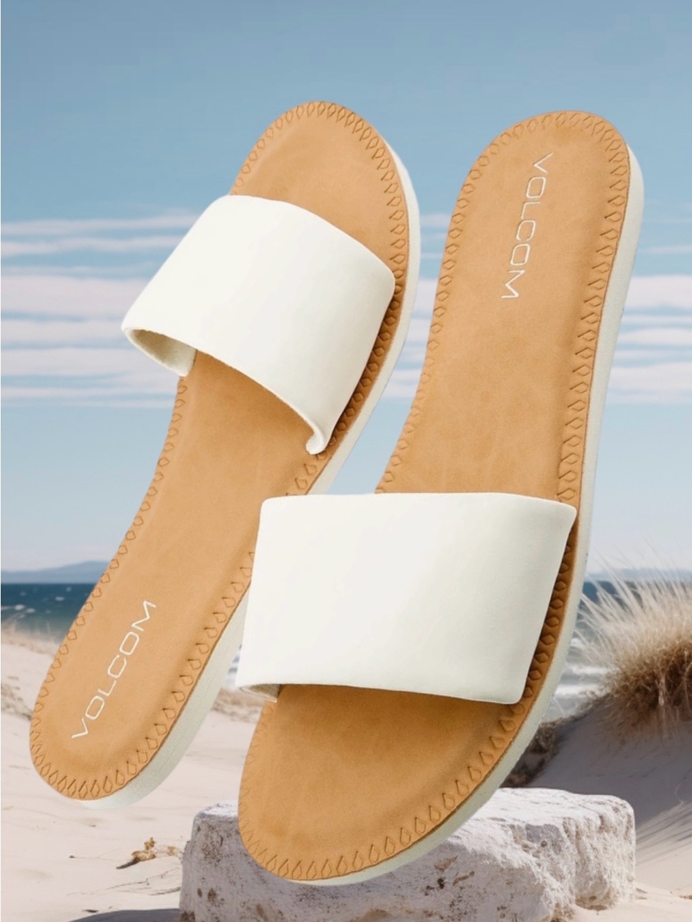 2 for $30 | Volcom White and Tan Simple Slides Sandals